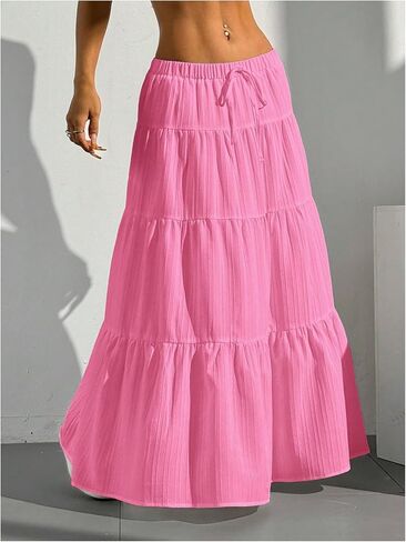 Verdusa Women's Flowy Flared Ruffle Boho Long Skirt Summer Maxi Skirt Going Out Outfits Pink X-Small in Saudi Arabia