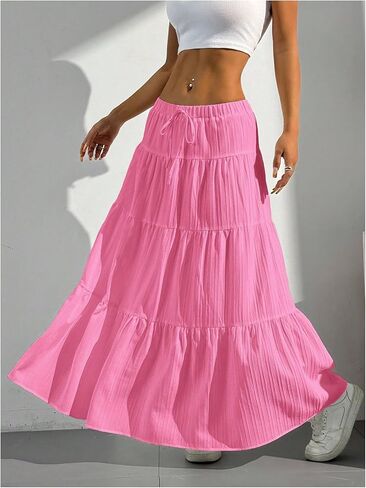 Verdusa Women's Flowy Flared Ruffle Boho Long Skirt Summer Maxi Skirt Going Out Outfits Pink X-Small in Saudi Arabia