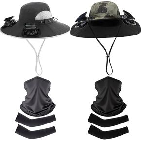 Syhood Solar Powered Fan Hat with Arm Sleeves Neck Gaiter for Men Women Outdoor Wide Brim Bucket Hat with Fan for Hiking in Saudi Arabia