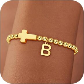Gold Initial Bracelets for Women Girls - 18K Gold Plated Cross Initial Bracelet Dainty Beaded Bracelet Gold Bracelets for Women Teen Girl Gifts in Kuwait