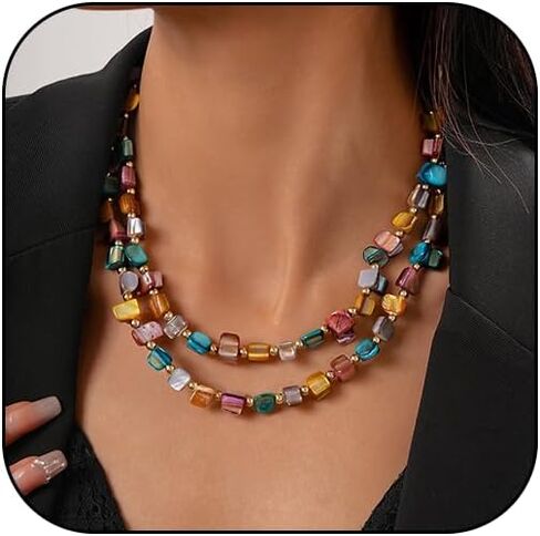 Boho Layered Shell Beaded Necklaces for Women Colored Bead Choker Necklace Holiday Summer Necklace in Kuwait