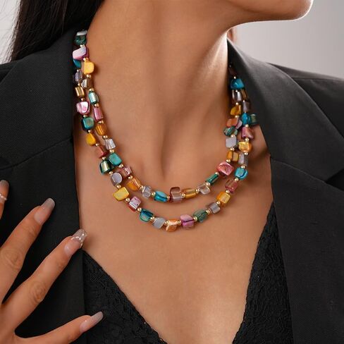 Boho Layered Shell Beaded Necklaces for Women Colored Bead Choker Necklace Holiday Summer Necklace in Kuwait