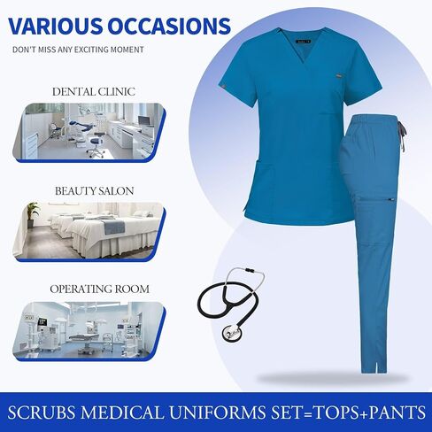 VIAOLI Scrubs for Women Set, V-Neck Top and 8 Pocket Drawstring Scrub Pant - Women Scrub Set Uniform Clearance in Kuwait