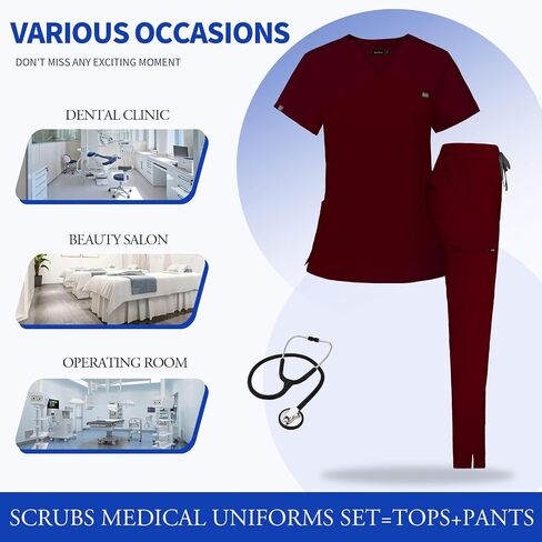 VIAOLI Scrubs for Women Set, V-Neck Top and 8 Pocket Drawstring Scrub Pant - Women Scrub Set Uniform Clearance in Kuwait