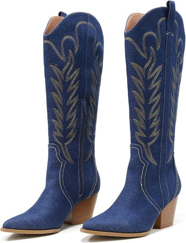Arromic Wide Calf Cowgirl Boots for Women, Western Cowboy Boots for Women Knee High Tall Pointed Toe Embroidered Pull On Zipper Stitching Chunky Heel Fashion Boots, White-wide calf in Saudi Arabia