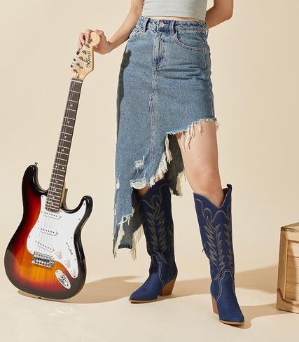 Arromic Wide Calf Cowgirl Boots for Women, Western Cowboy Boots for Women Knee High Tall Pointed Toe Embroidered Pull On Zipper Stitching Chunky Heel Fashion Boots, White-wide calf in Saudi Arabia