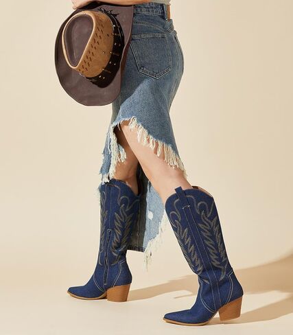 Arromic Wide Calf Cowgirl Boots for Women, Western Cowboy Boots for Women Knee High Tall Pointed Toe Embroidered Pull On Zipper Stitching Chunky Heel Fashion Boots, White-wide calf in Saudi Arabia
