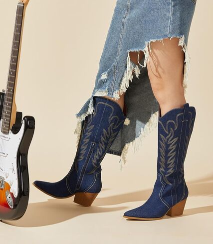 Arromic Wide Calf Cowgirl Boots for Women, Western Cowboy Boots for Women Knee High Tall Pointed Toe Embroidered Pull On Zipper Stitching Chunky Heel Fashion Boots, White-wide calf in Saudi Arabia