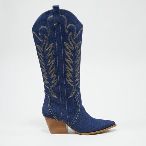 Arromic Wide Calf Cowgirl Boots for Women, Western Cowboy Boots for Women Knee High Tall Pointed Toe Embroidered Pull On Zipper Stitching Chunky Heel Fashion Boots, White-wide calf in Saudi Arabia