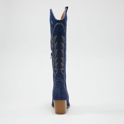 Arromic Wide Calf Cowgirl Boots for Women, Western Cowboy Boots for Women Knee High Tall Pointed Toe Embroidered Pull On Zipper Stitching Chunky Heel Fashion Boots, White-wide calf in Saudi Arabia