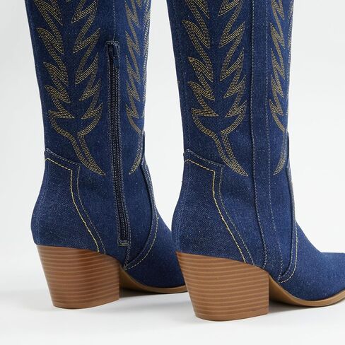 Arromic Wide Calf Cowgirl Boots for Women, Western Cowboy Boots for Women Knee High Tall Pointed Toe Embroidered Pull On Zipper Stitching Chunky Heel Fashion Boots, White-wide calf in Saudi Arabia