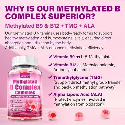 Methylated B Multivitamin for Women - Daily Vitamin B1 ، B2 ، B6 ، B12 Gummies مع حمض الفوليك ، فيتامين C ، المغنيسيوم وأوميغا 3 - يدعم المناعة والمناعة الصحية in Saudi Arabia