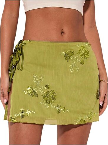 MakeMechic Women's Floral Floral Mini Mini Skirt Low Hower Tie Tie Side Virts in Kuwait