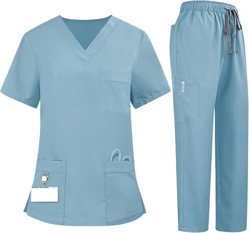 Wenkomg1 Scrubs for Women Set 2025 Spring Summer Uniform Steamny V-Deac Scrub Top & Cargo Pant with Multi Mobicets in Kuwait