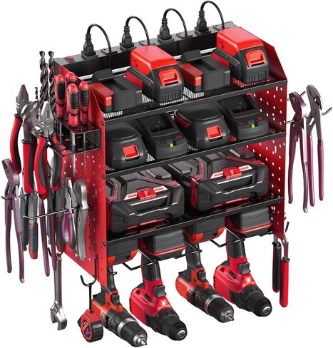 CCCEI Modular Pegboard Rack Power Tool Organizer with Charging Station. 4 Layer Wall Mount Drill Holder, Yellow Tool Battery Charger Organizer. Garage Shop Storage Utility Shelf with Power Strip. in Saudi Arabia