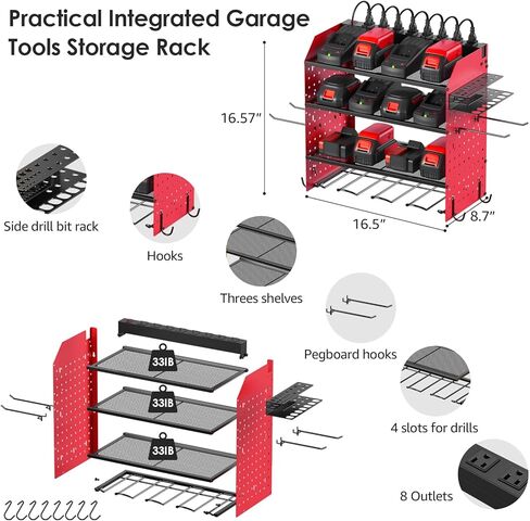 CCCEI Modular Pegboard Rack Power Tool Organizer with Charging Station. 4 Layer Wall Mount Drill Holder, Yellow Tool Battery Charger Organizer. Garage Shop Storage Utility Shelf with Power Strip. in Saudi Arabia