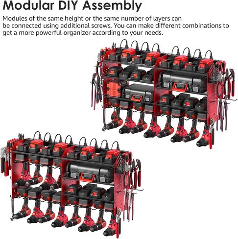CCCEI Modular Pegboard Rack Power Tool Organizer with Charging Station. 4 Layer Wall Mount Drill Holder, Yellow Tool Battery Charger Organizer. Garage Shop Storage Utility Shelf with Power Strip. in Saudi Arabia
