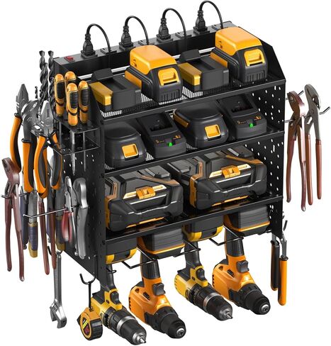 CCCEI Modular Pegboard Rack Power Tool Organizer with Charging Station. 4 Layer Wall Mount Drill Holder, Yellow Tool Battery Charger Organizer. Garage Shop Storage Utility Shelf with Power Strip. in Saudi Arabia