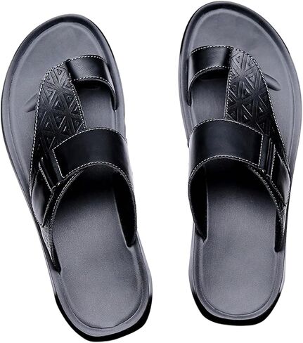 GORGLITTER Men's Leather Sandals Slide Beach Outdoor Round Flip Flops Slip On Slippers in Saudi Arabia