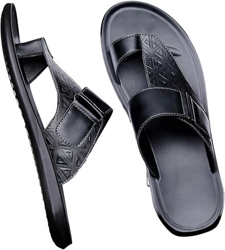 GORGLITTER Men's Leather Sandals Slide Beach Outdoor Round Flip Flops Slip On Slippers in Saudi Arabia