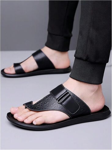 GORGLITTER Men's Leather Sandals Slide Beach Outdoor Round Flip Flops Slip On Slippers in Saudi Arabia