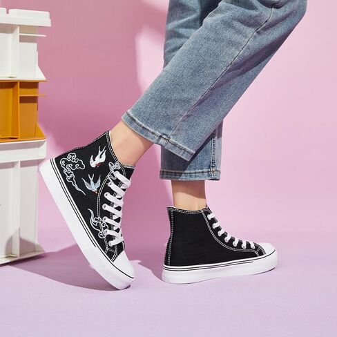 kufeiti Women's High Top Canvas Sneakers Canvas Shoes Lace up White Black Sneakers Casual Walking Shoes in Kuwait