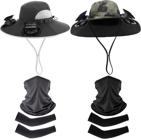 Syhood Solar Powered Fan Hat with Arm Sleeves Neck Gaiter for Men Women Outdoor Wide Brim Bucket Hat with Fan for Hiking in Saudi Arabia