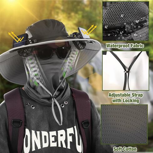 Syhood Solar Powered Fan Hat with Arm Sleeves Neck Gaiter for Men Women Outdoor Wide Brim Bucket Hat with Fan for Hiking in Saudi Arabia
