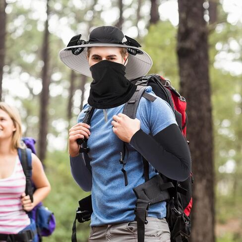 Syhood Solar Powered Fan Hat with Arm Sleeves Neck Gaiter for Men Women Outdoor Wide Brim Bucket Hat with Fan for Hiking in Saudi Arabia