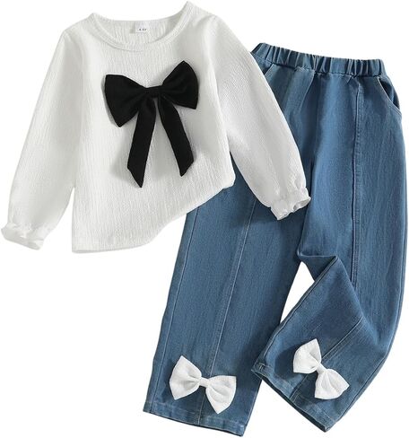 Kid Toddler Girls Clothes Fall Outfits Cute Sweet Bowknot Long Sleeve Bowknot Shirt + Denim Jeans Pants Set in Saudi Arabia