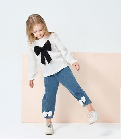 Kid Toddler Girls Clothes Fall Outfits Cute Sweet Bowknot Long Sleeve Bowknot Shirt + Denim Jeans Pants Set in Saudi Arabia