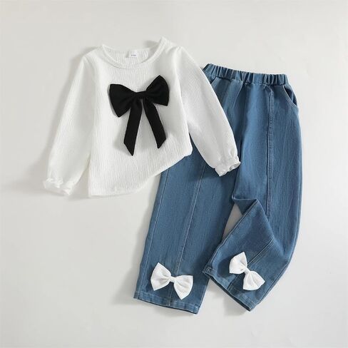 Kid Toddler Girls Clothes Fall Outfits Cute Sweet Bowknot Long Sleeve Bowknot Shirt + Denim Jeans Pants Set in Saudi Arabia