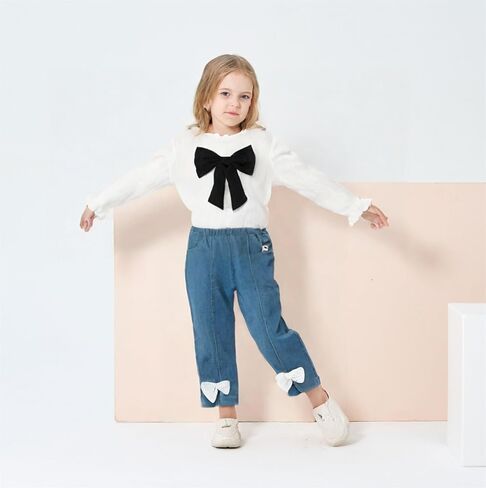 Kid Toddler Girls Clothes Fall Outfits Cute Sweet Bowknot Long Sleeve Bowknot Shirt + Denim Jeans Pants Set in Saudi Arabia