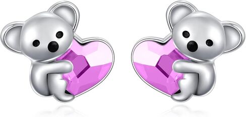 Sterling Silver Koala Bear Birthstone Stud Earrings - Hypoallergenic Heart Crystal Koala Earrings Gift for Women Lovers in Saudi Arabia