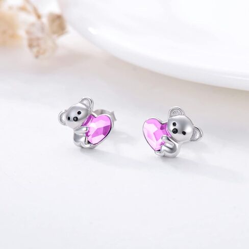 Sterling Silver Koala Bear Birthstone Stud Earrings - Hypoallergenic Heart Crystal Koala Earrings Gift for Women Lovers in Saudi Arabia