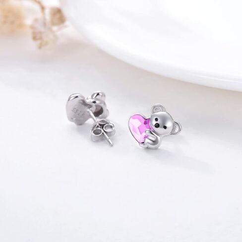 Sterling Silver Koala Bear Birthstone Stud Earrings - Hypoallergenic Heart Crystal Koala Earrings Gift for Women Lovers in Saudi Arabia