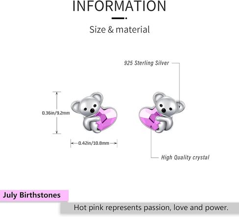 Sterling Silver Koala Bear Birthstone Stud Earrings - Hypoallergenic Heart Crystal Koala Earrings Gift for Women Lovers in Saudi Arabia