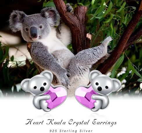 Sterling Silver Koala Bear Birthstone Stud Earrings - Hypoallergenic Heart Crystal Koala Earrings Gift for Women Lovers in Saudi Arabia