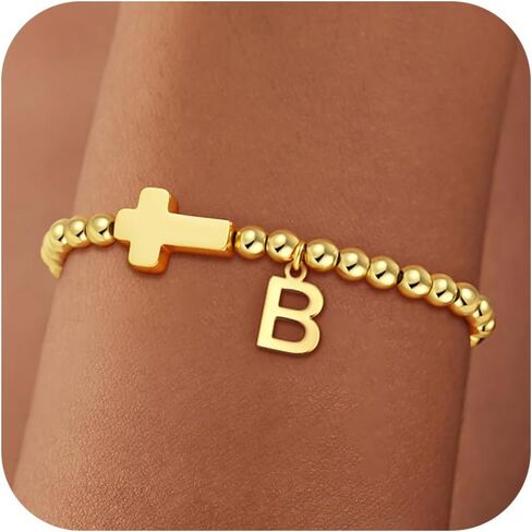 Gold Initial Bracelets for Women Girls - 18K Gold Plated Cross Initial Bracelet Dainty Beaded Bracelet Gold Bracelets for Women Teen Girl Gifts in Kuwait