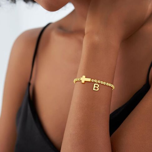 Gold Initial Bracelets for Women Girls - 18K Gold Plated Cross Initial Bracelet Dainty Beaded Bracelet Gold Bracelets for Women Teen Girl Gifts in Kuwait