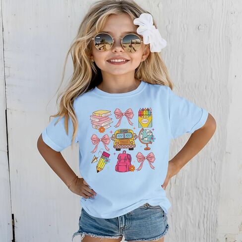 Kekemi Toddler Girl اليوم الأول من القمصان المدرسية روضة الأطفال القوس قميص العودة إلى ملابس المدرسة لطيف مرحلة ما قبل المدرسة المحملات 3-8Y in Kuwait