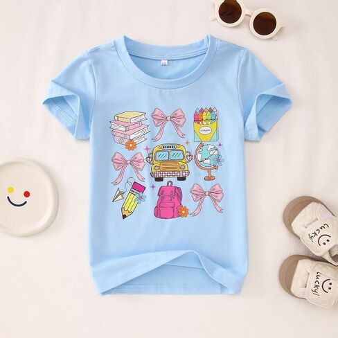 Kekemi Toddler Girl اليوم الأول من القمصان المدرسية روضة الأطفال القوس قميص العودة إلى ملابس المدرسة لطيف مرحلة ما قبل المدرسة المحملات 3-8Y in Kuwait