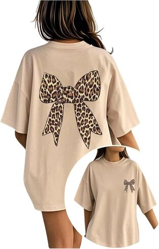 Girl's Bow Leopard Graphic Tees Short Sleeve Preppy Summer T Shirt Aesthetic Baggy Tops in Saudi Arabia