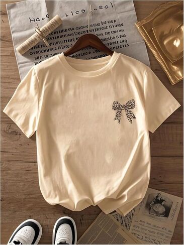 Girl's Bow Leopard Graphic Tees Short Sleeve Preppy Summer T Shirt Aesthetic Baggy Tops in Saudi Arabia