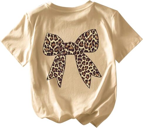 Girl's Bow Leopard Graphic Tees Short Sleeve Preppy Summer T Shirt Aesthetic Baggy Tops in Saudi Arabia
