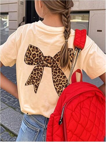Girl's Bow Leopard Graphic Tees Short Sleeve Preppy Summer T Shirt Aesthetic Baggy Tops in Saudi Arabia