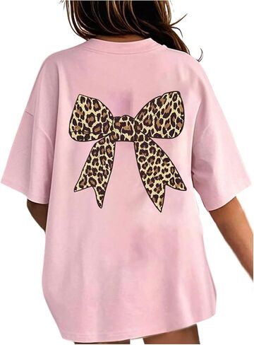 Girl's Bow Leopard Graphic Tees Short Sleeve Preppy Summer T Shirt Aesthetic Baggy Tops in Saudi Arabia