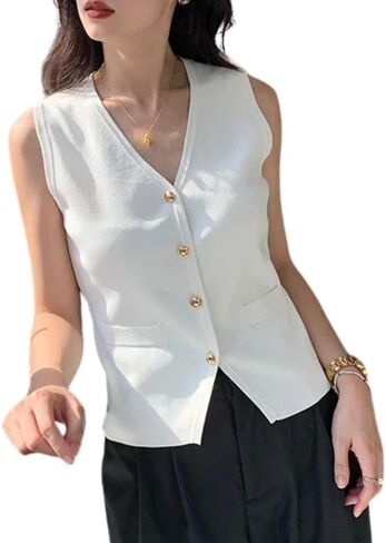 Sweater Vest for Women V Neck Button Front Knit Tank Top Waistcoat Minimalist Style 2025 Spring/Summer Fashion Trends in Kuwait