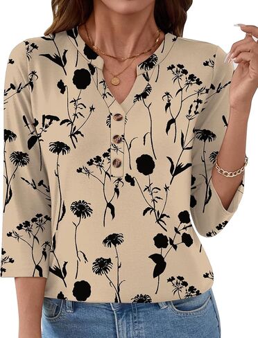 Rapbin Women's Tops V Neck 3/4 Sleeve Button Down Business Casual Blouses Summer Tees Shirts in Kuwait