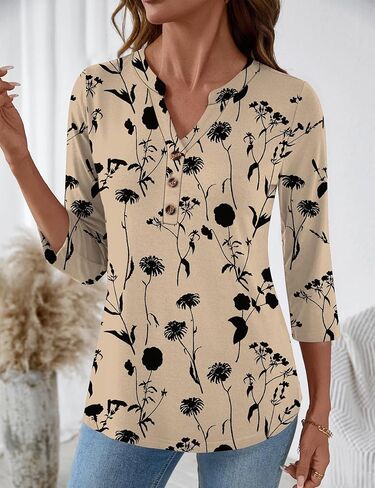 Rapbin Women's Tops V Neck 3/4 Sleeve Button Down Business Casual Blouses Summer Tees Shirts in Kuwait